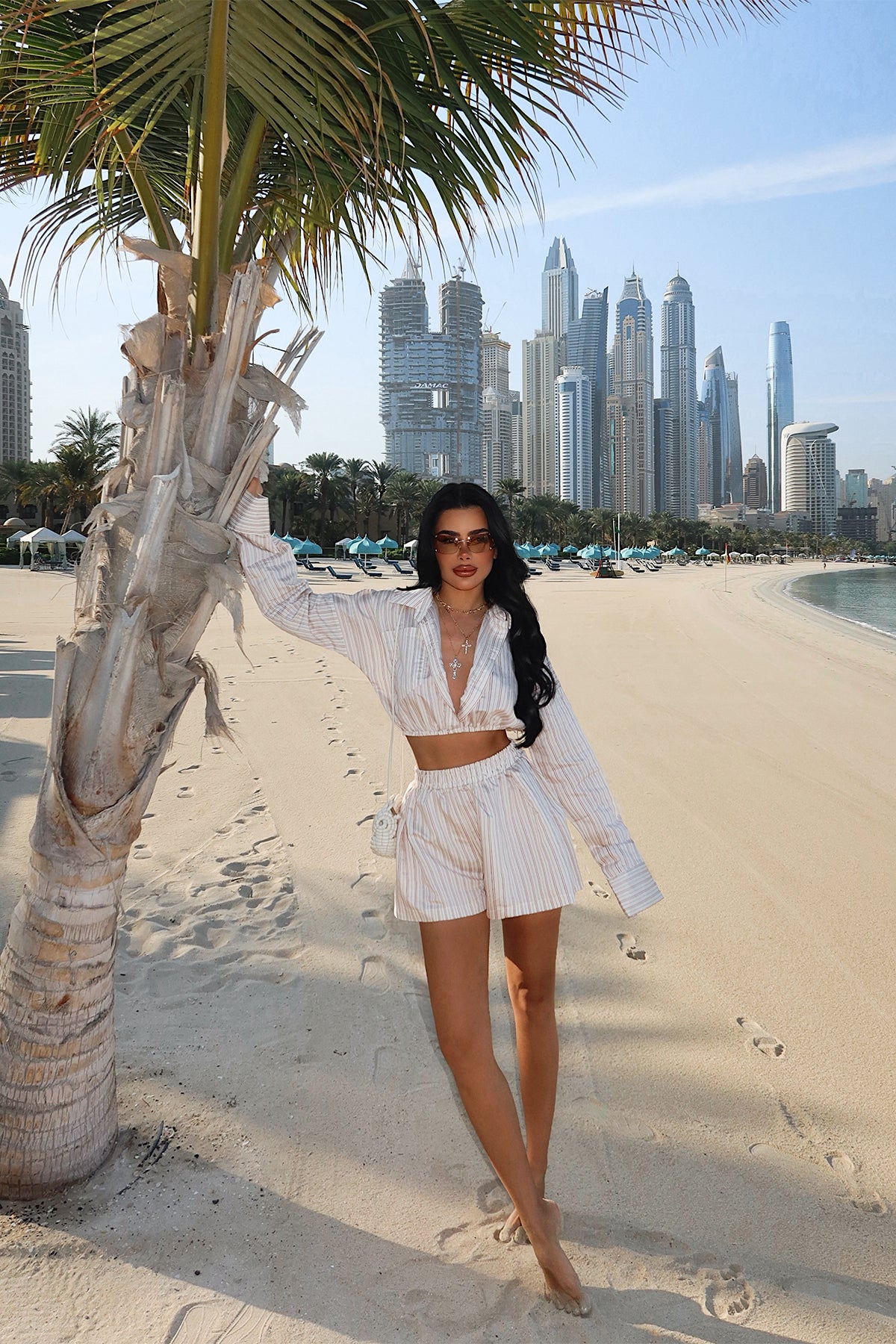 Cream Striped Shorts Set