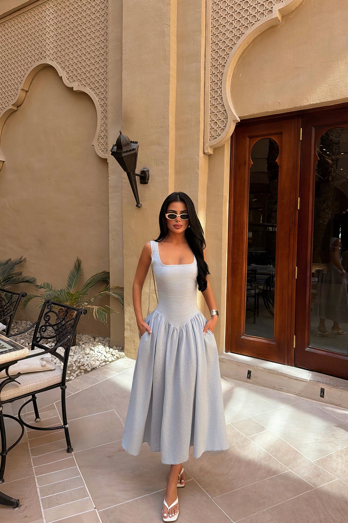 Baby Blue Square Neck Midi Dress