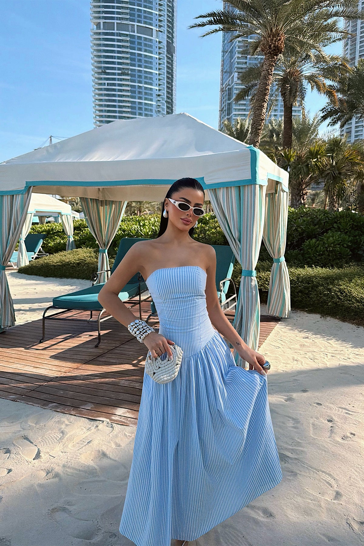 Blue Stripe Detail Strapless Dress