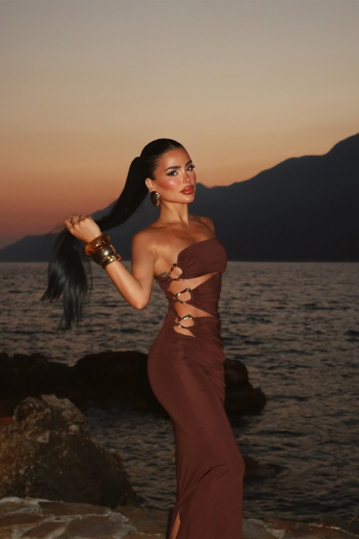 Acı Kahve Oleander Uzun Yan Aksesuar Detaylı Elbise 16