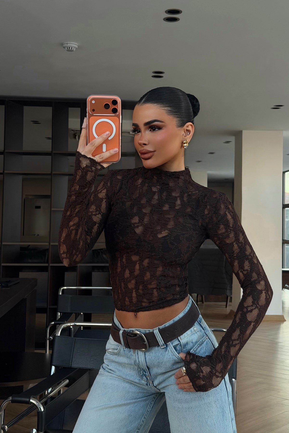 Acı Kahve Raquel Dantel Transparan Bluz 4