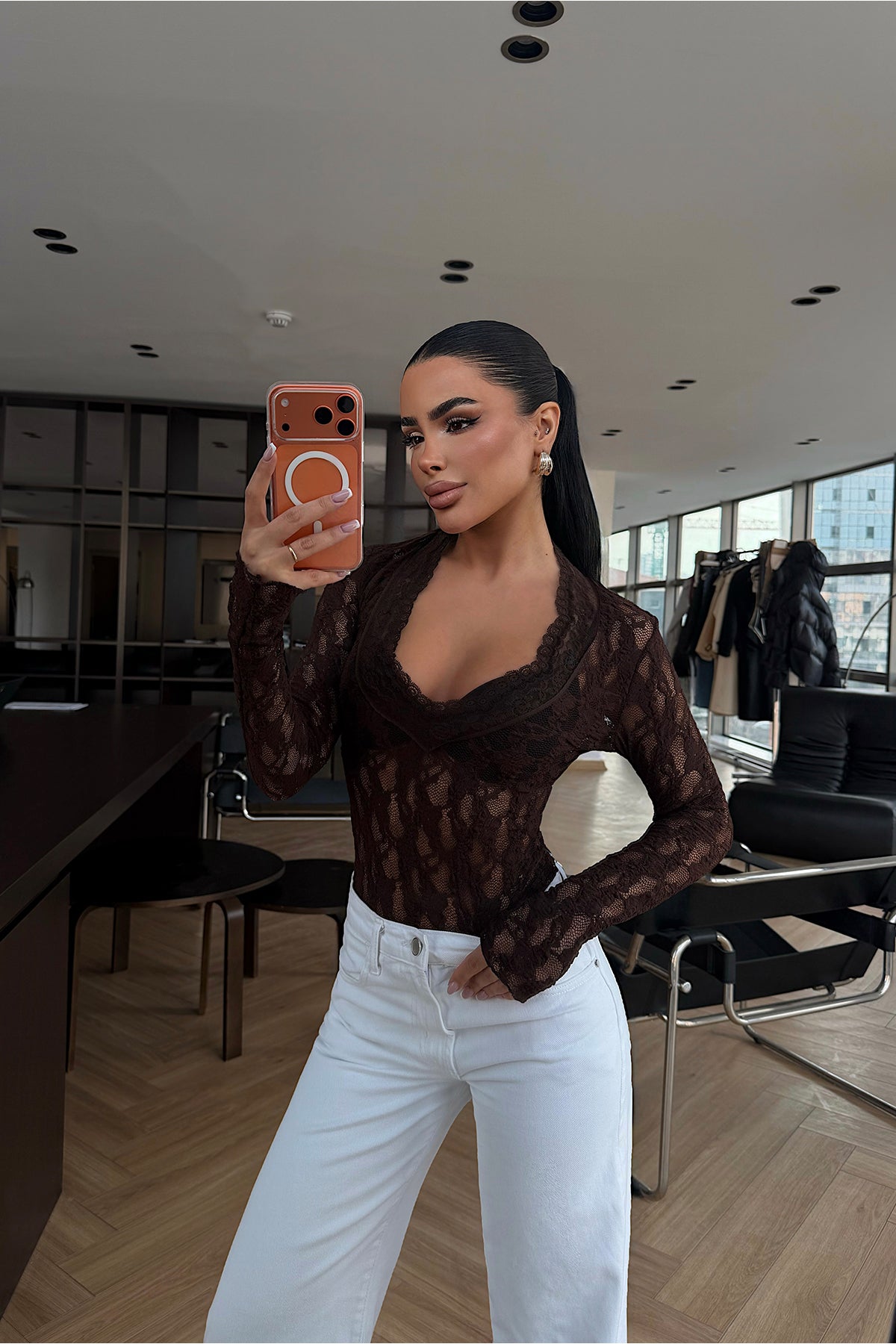 Acı Kahve Transparan Dantel Bluz 4