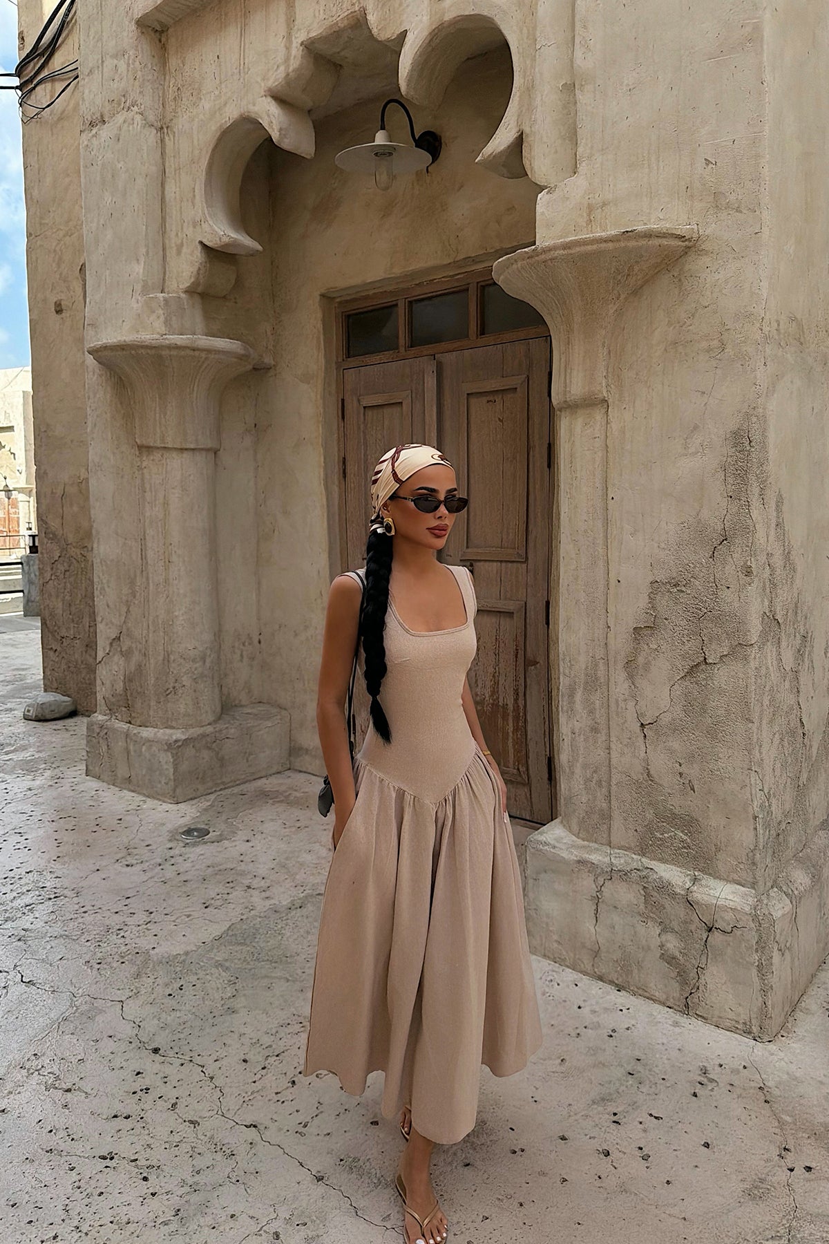 Beige Square Neck Midi Dress