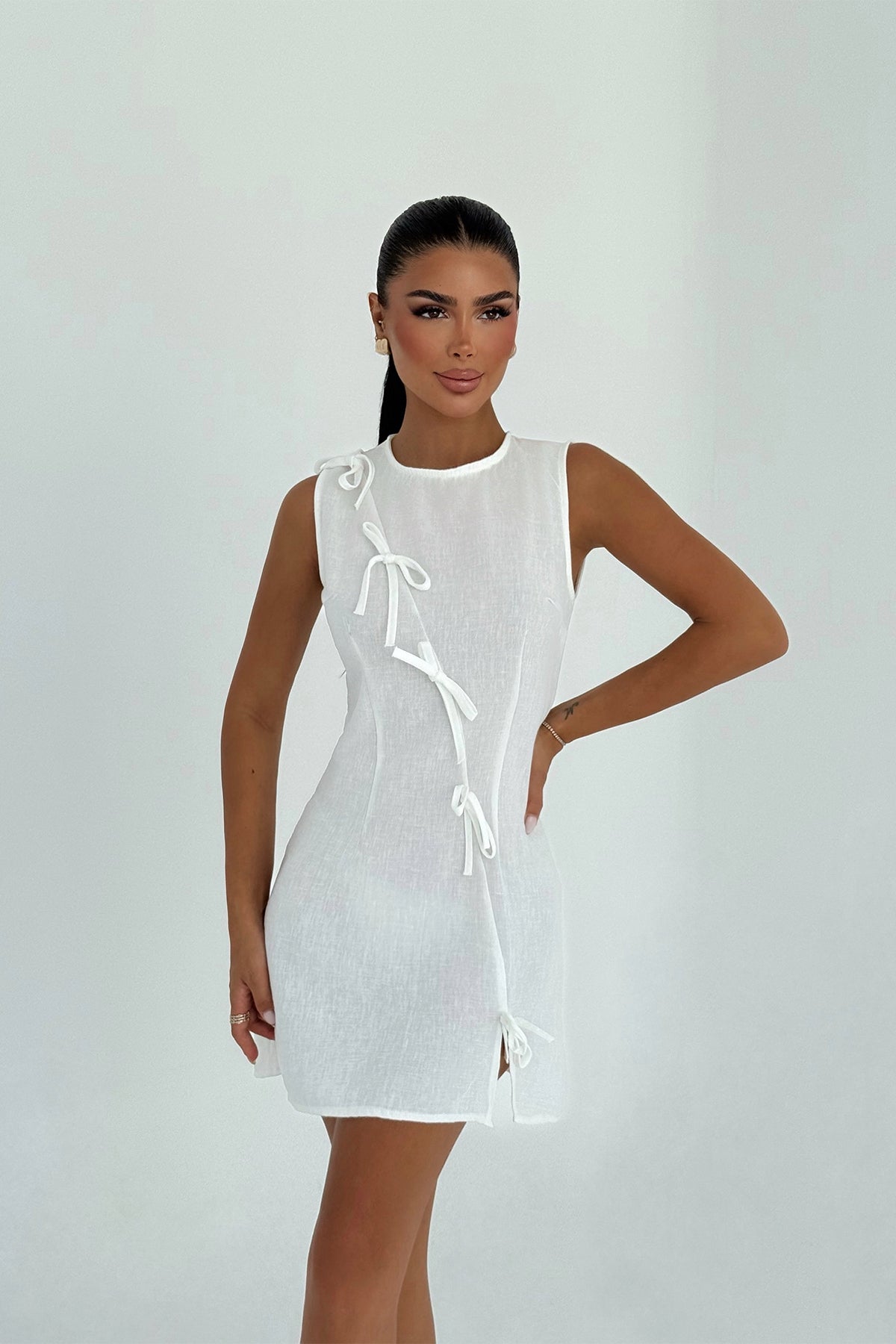 Beyaz Kathy Mini Fiyonklu Elbise 4