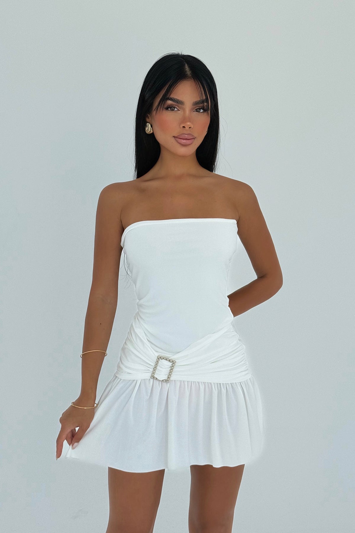 Beyaz Jody Mini Taş Aksesuarlı Elbise 20