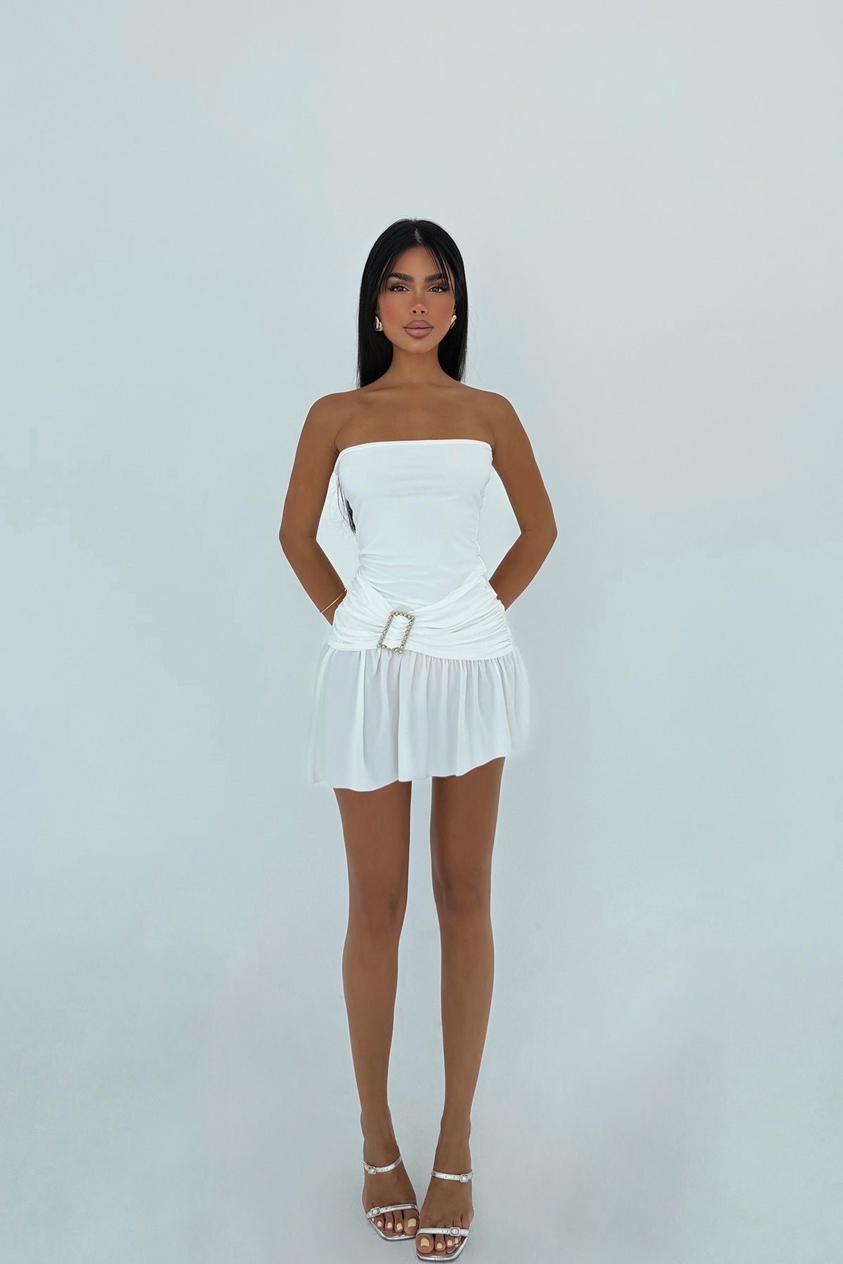 Beyaz Jody Mini Taş Aksesuarlı Elbise 24