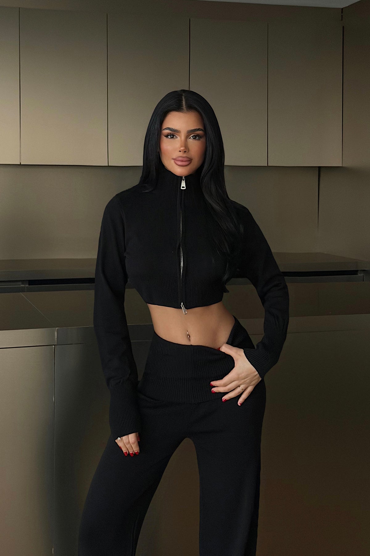 Black Double Zip Knit Set