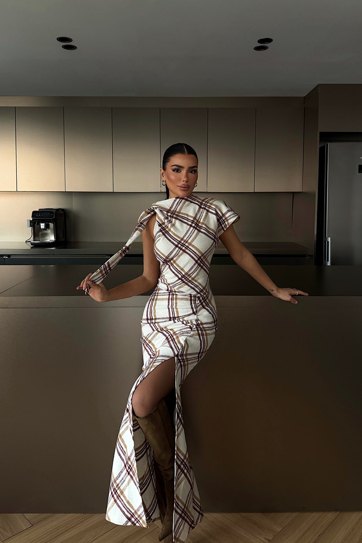 Bordo Aveline Desenli Yırtmaçlı Uzun Elbise 8