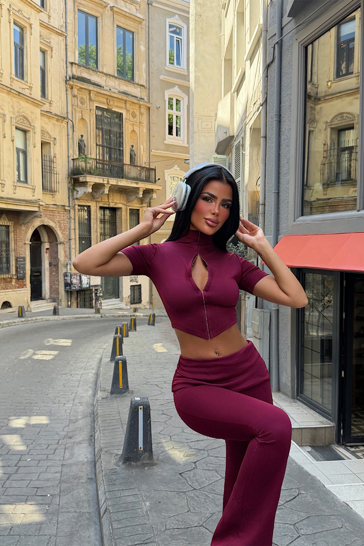 Bordo Fermuar Detay Pantolonlu Takım ATE5985 16