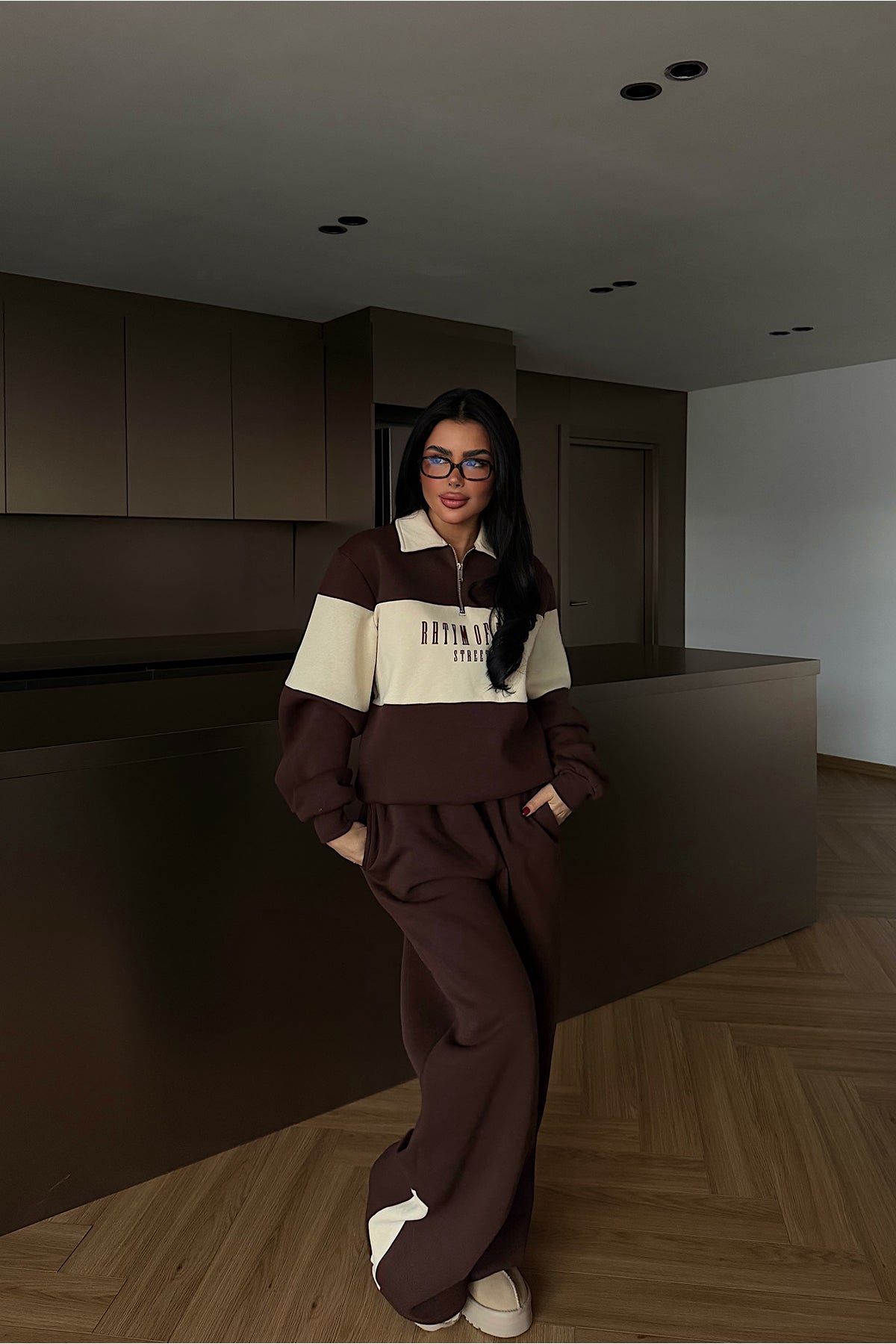 Brown Collar Detail Tracksuit Set