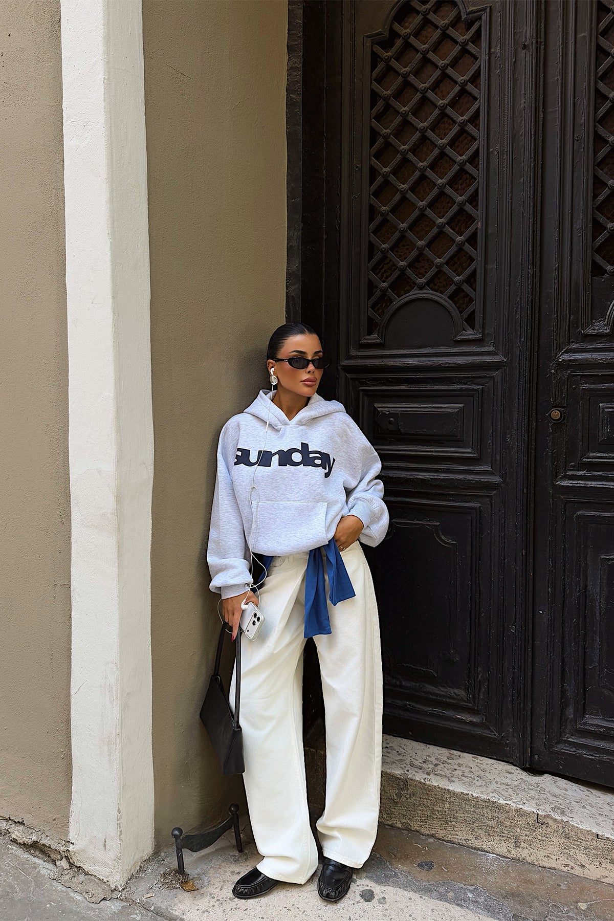 Gri Sunday Yazılı Hoodie 1
