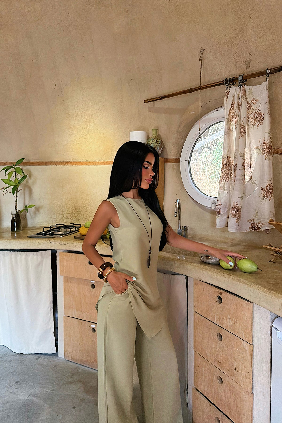 Haki Asimetrik Bluz Pantolon Takım 12