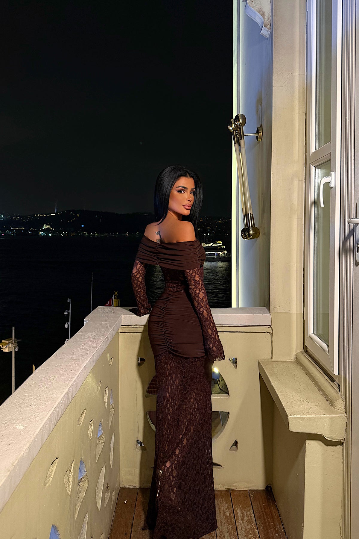 Kahverengi Ellodie Dantel Uzun Elbise 12