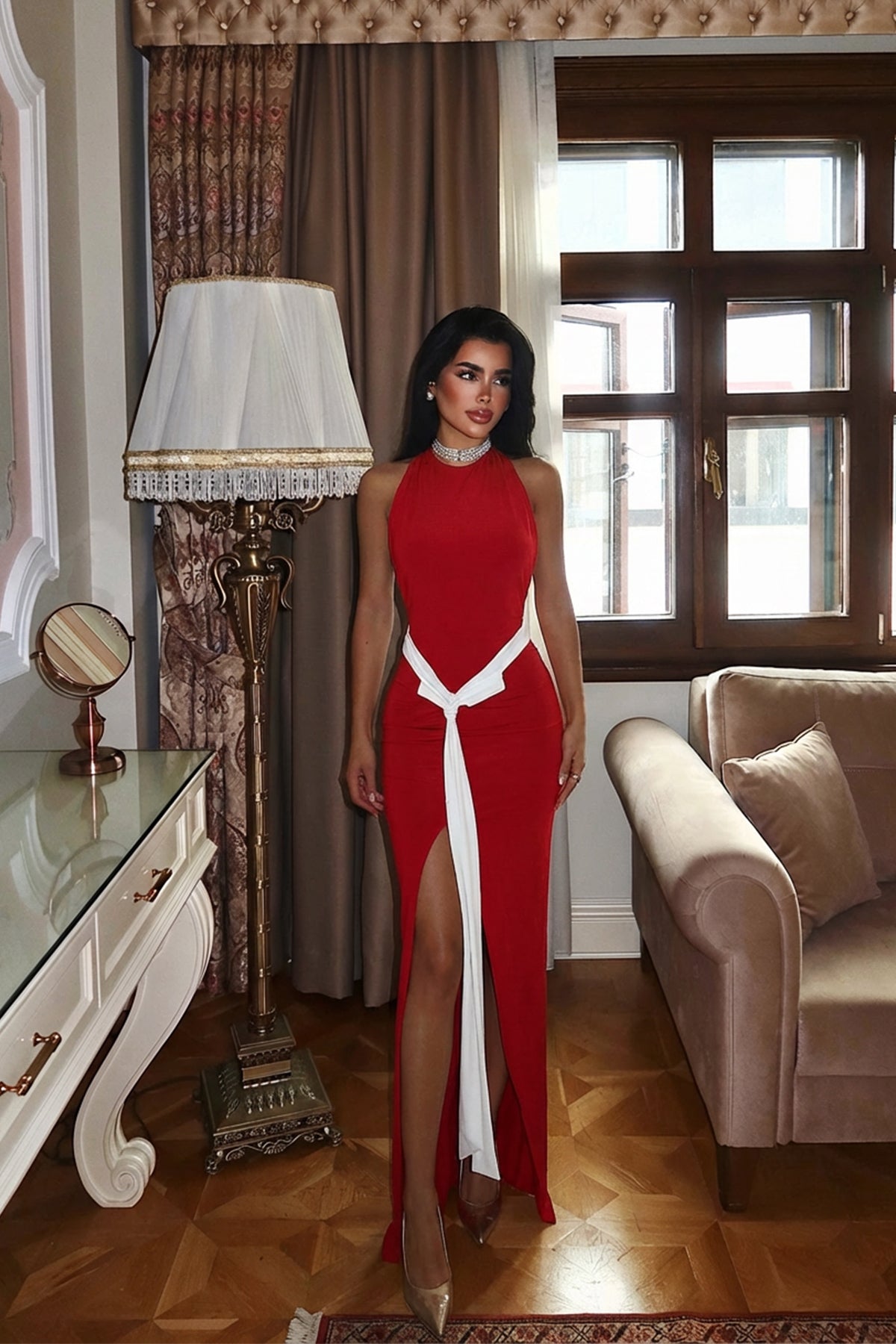 Kırmızı Giselle Fiyonk Detaylı Yırtmaçlı Elbise 4