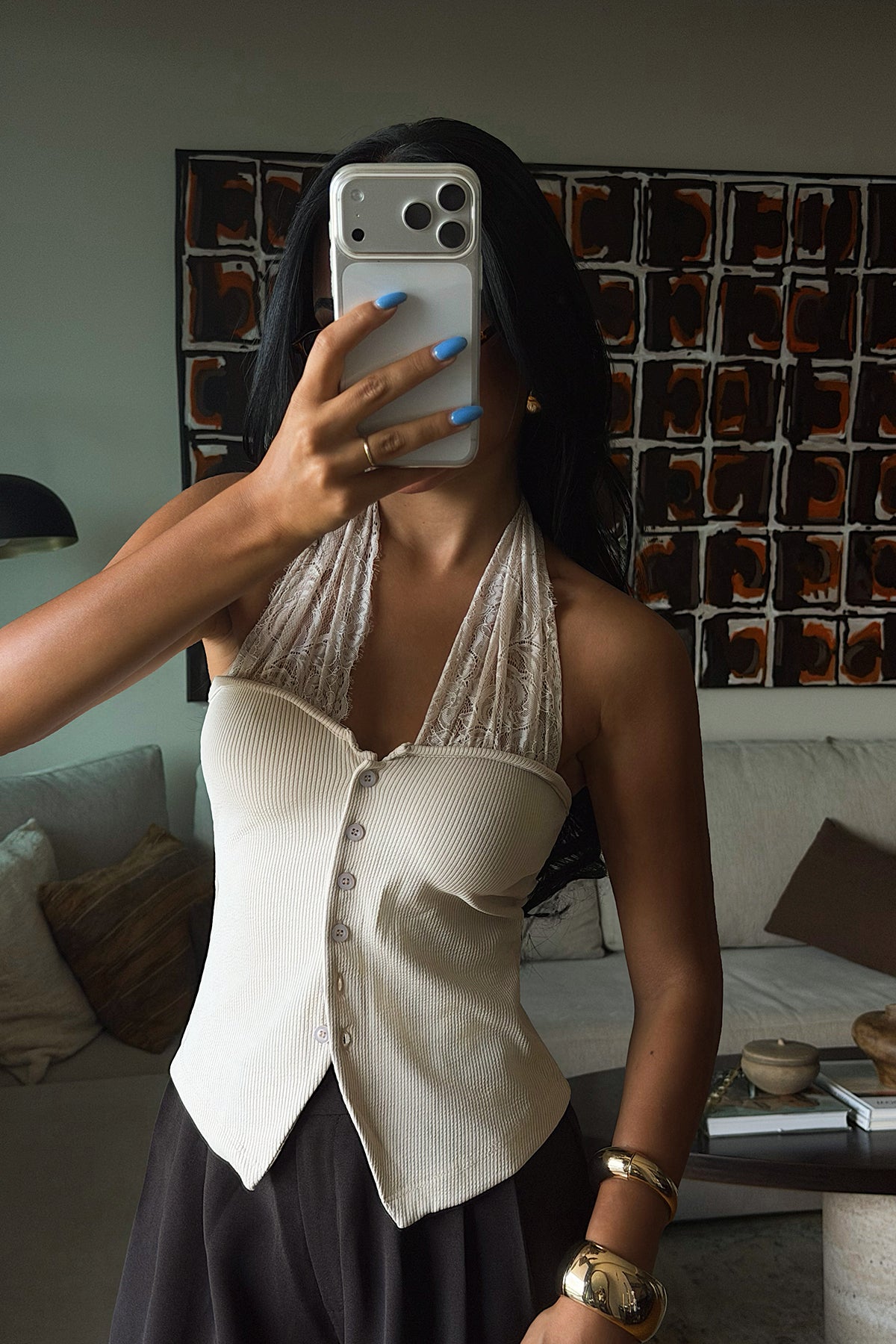 Krem Bağlamalı Dantel Detay Crop Top 8