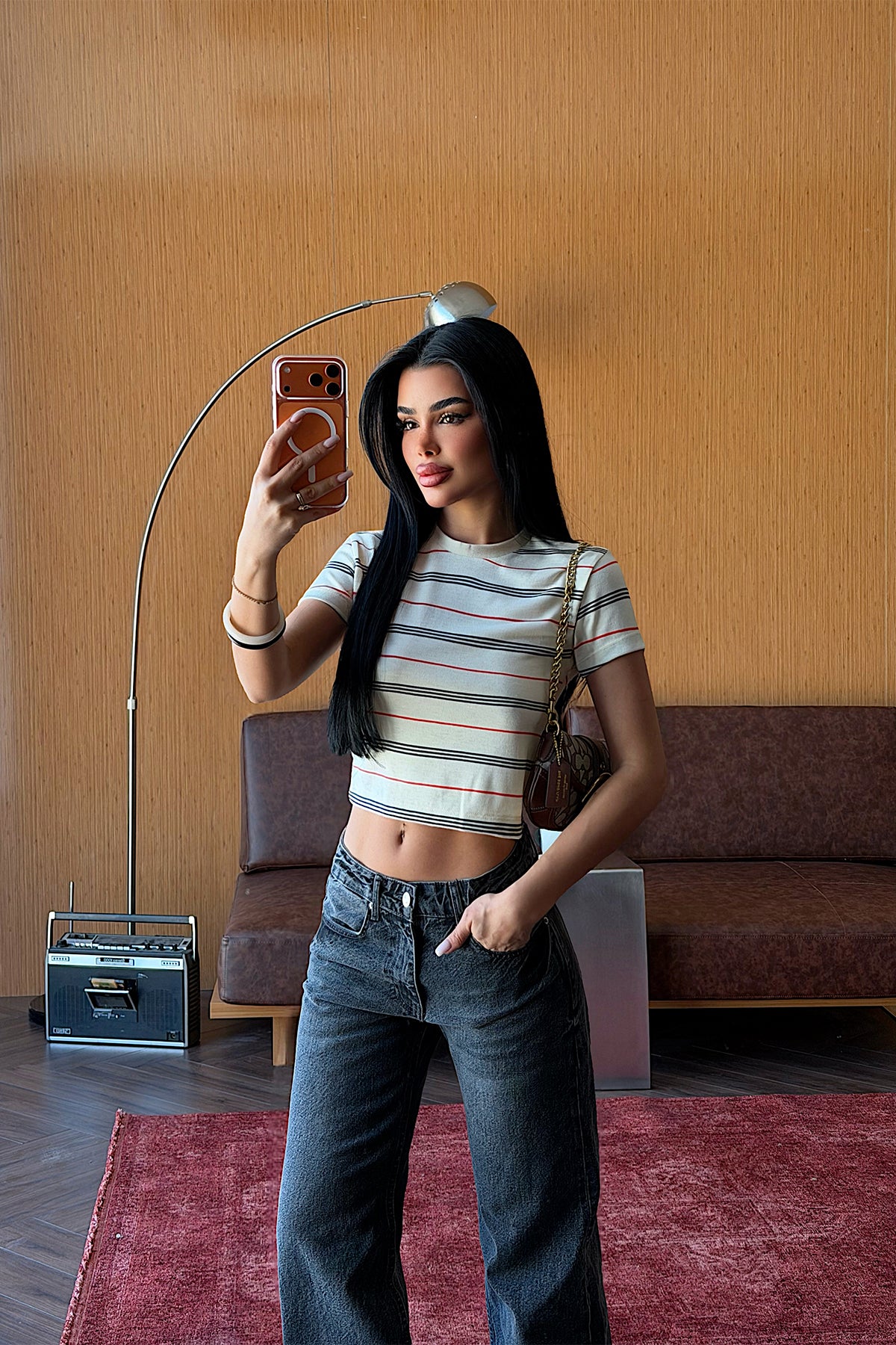 Krem Çizgili Crop Top 4