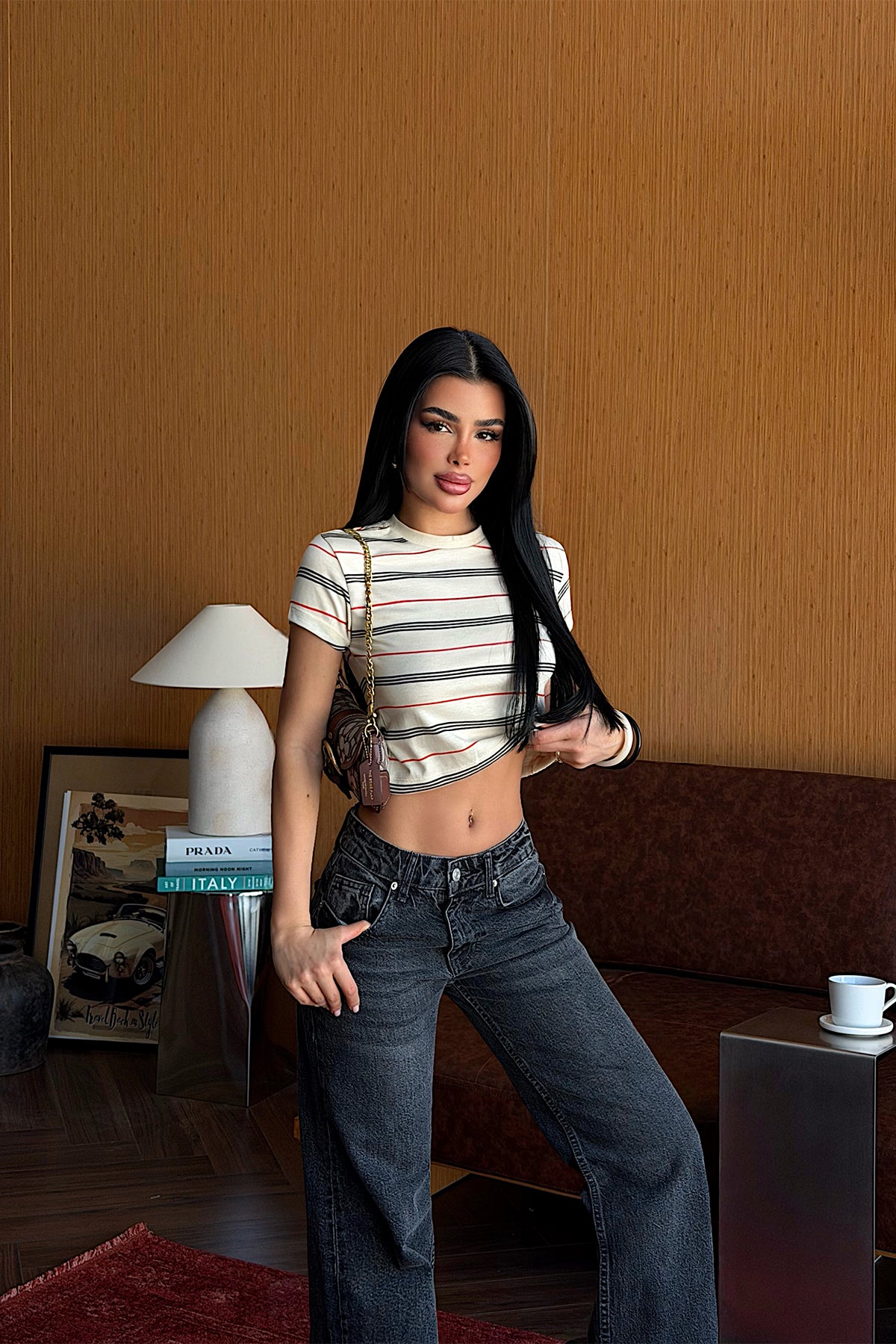 Krem Çizgili Crop Top 12