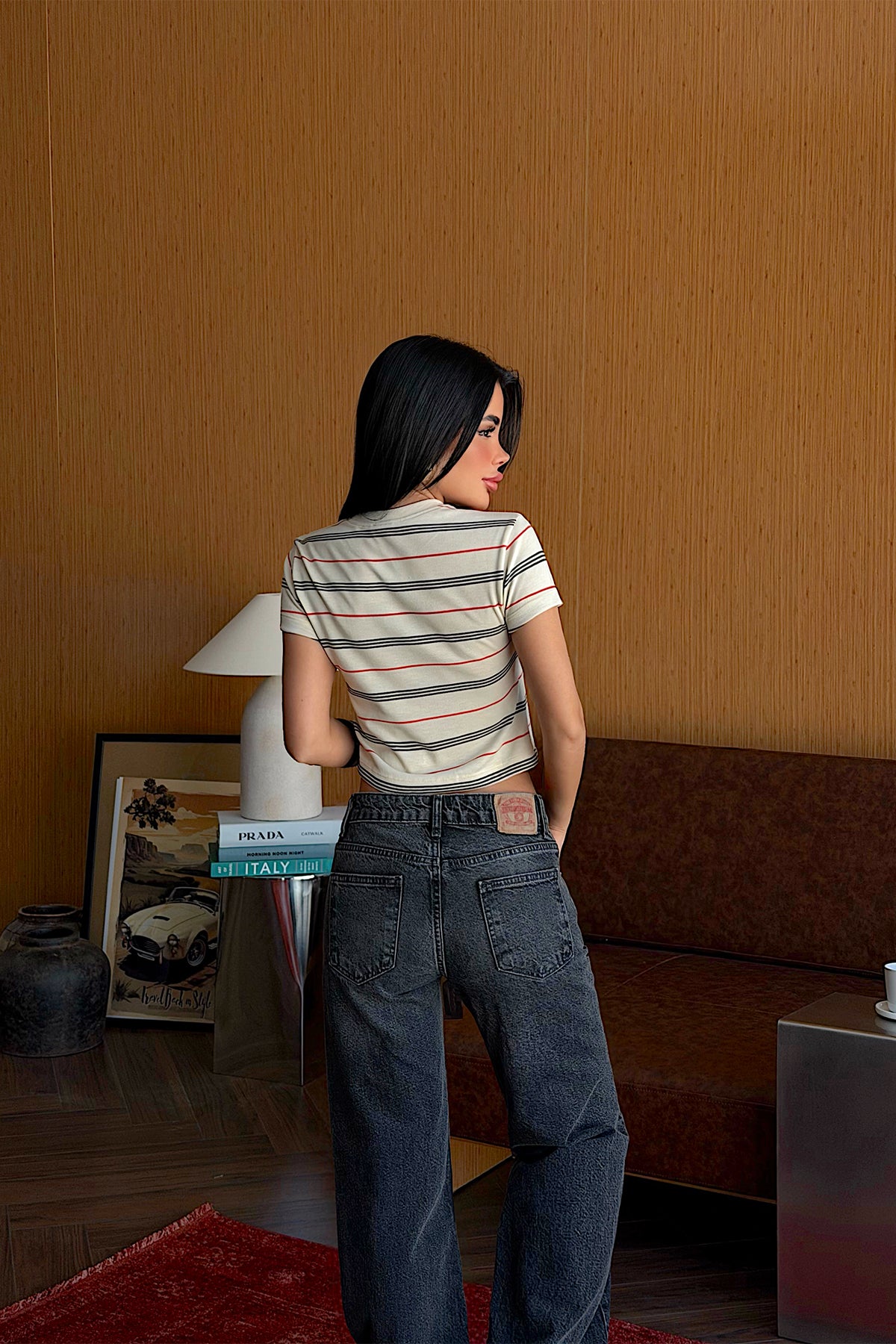 Krem Çizgili Crop Top 16