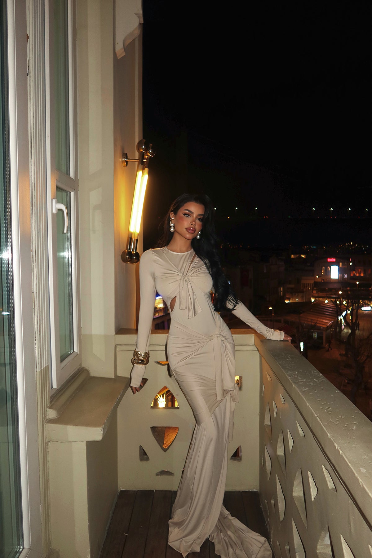 Krem Pencere Detay Uzun Elbise ATE2268 16