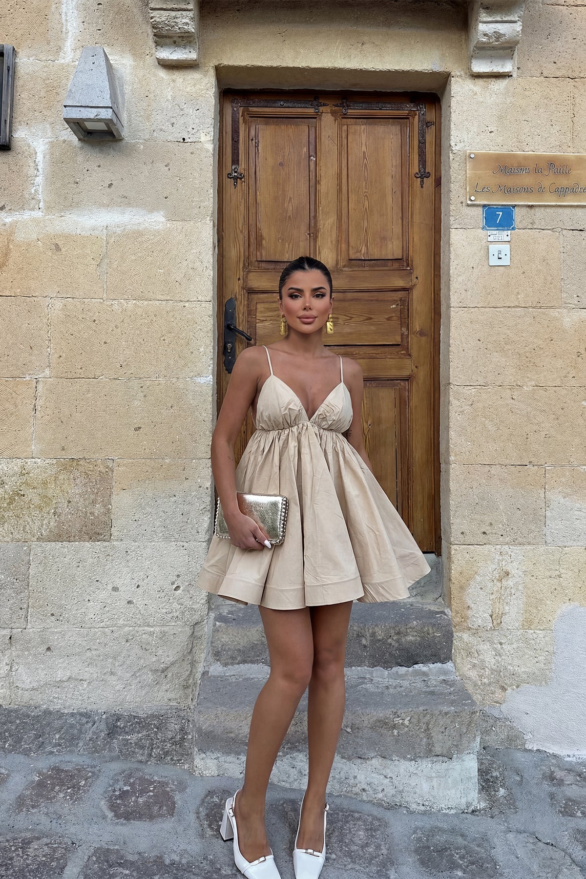 Krem Askılı Mini Elbise ATE3562 4