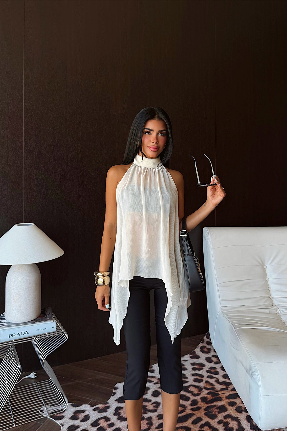 Krem Şifon Asimetrik Bluz 12