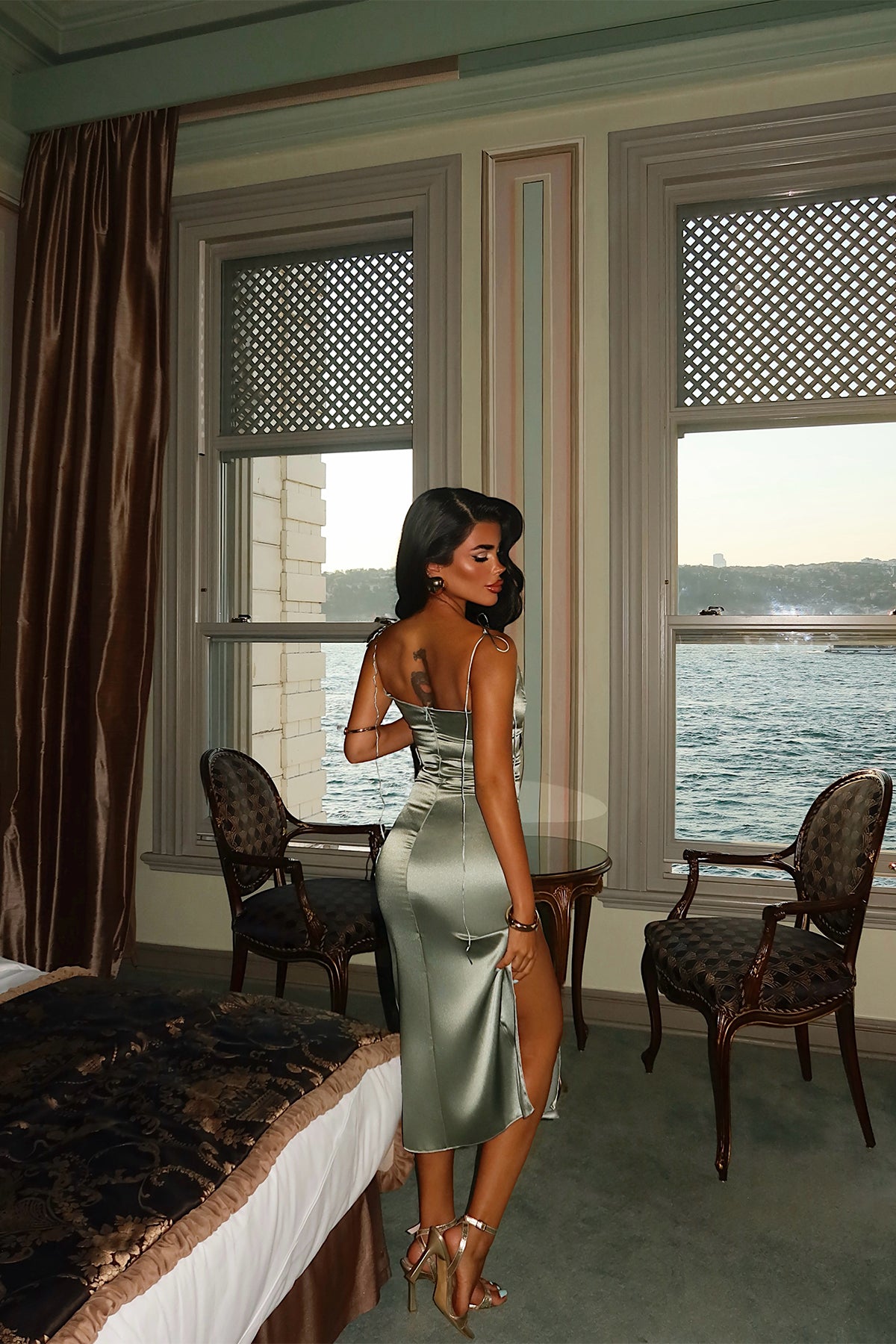 Mint Yeşili Saten Tül Detay Midi Elbise 16
