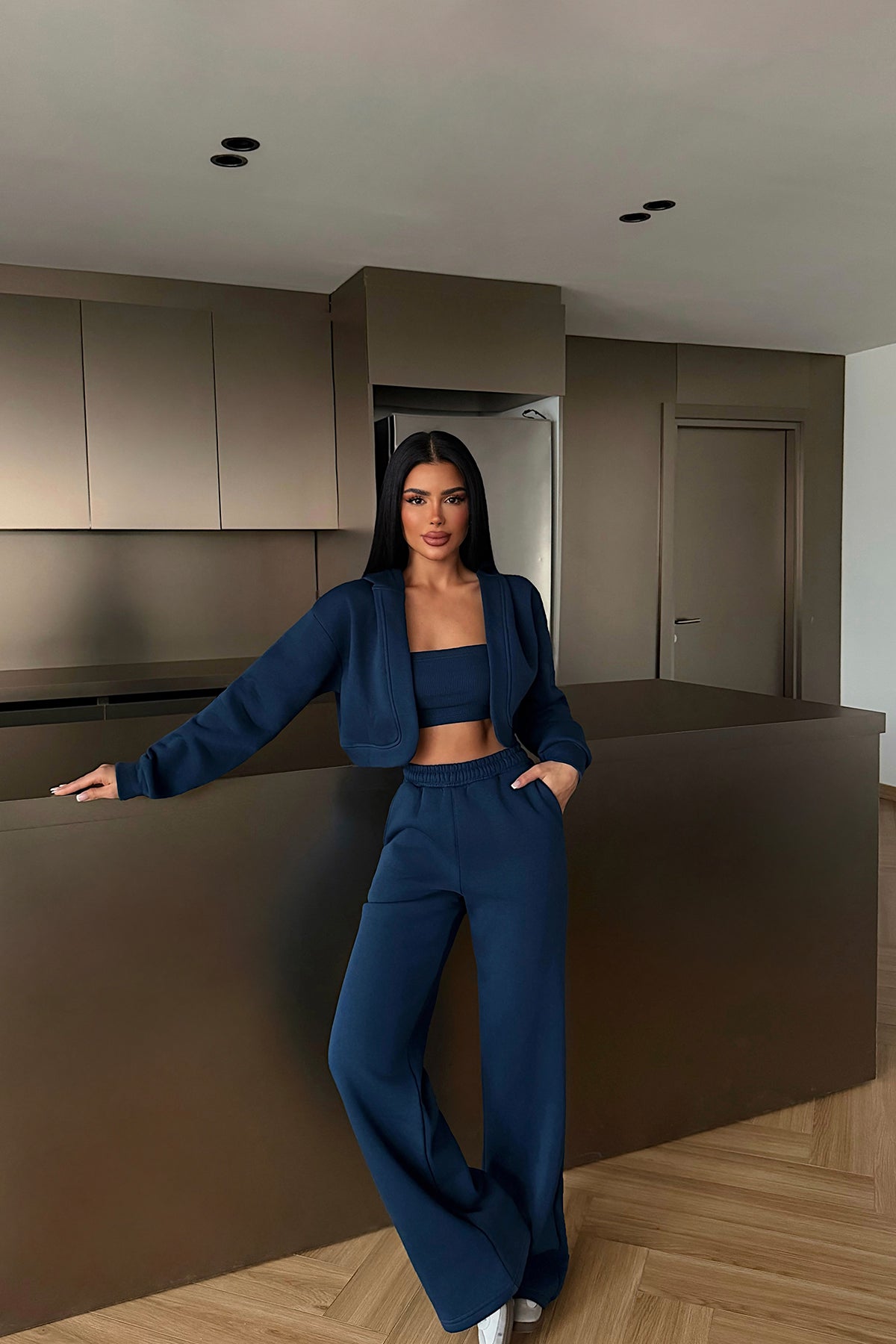 Navy Blue Hooded Three-Piece Set