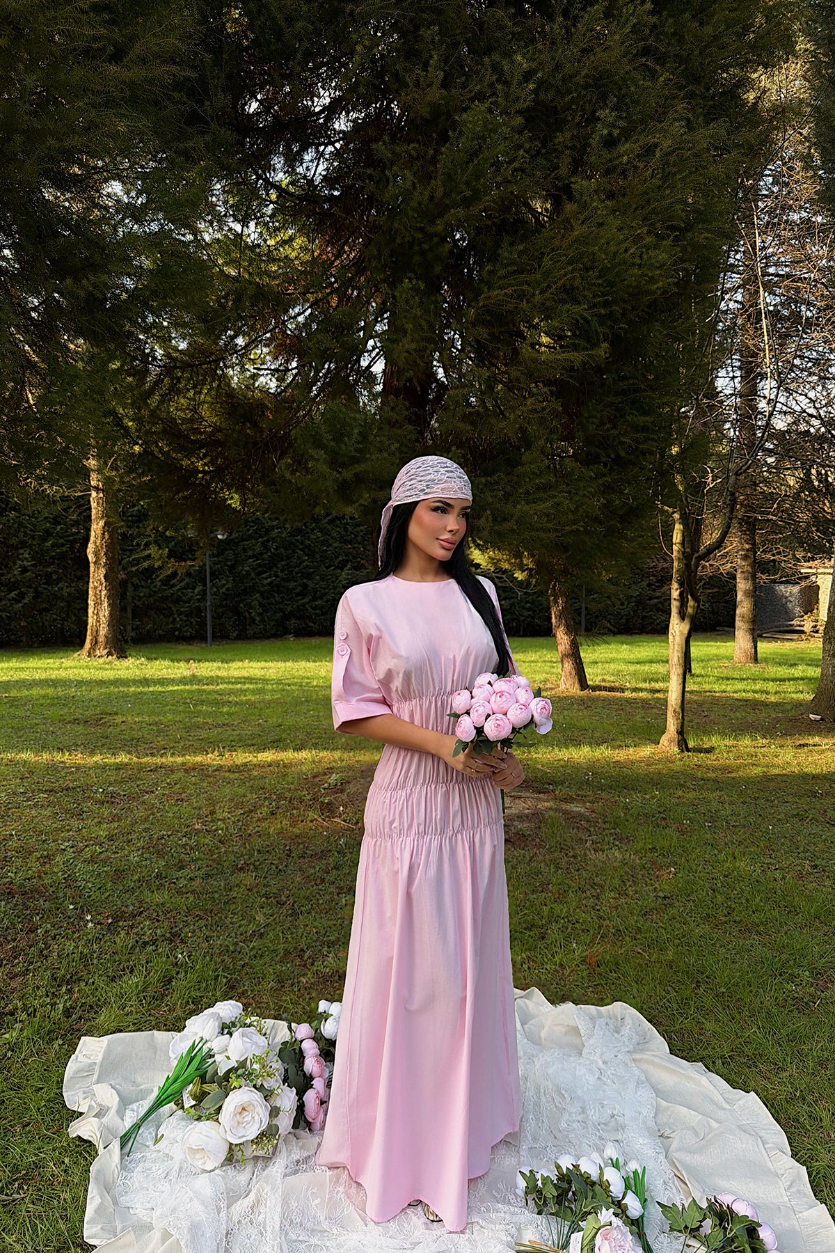 Pembe Volant Uzun Elbise 12