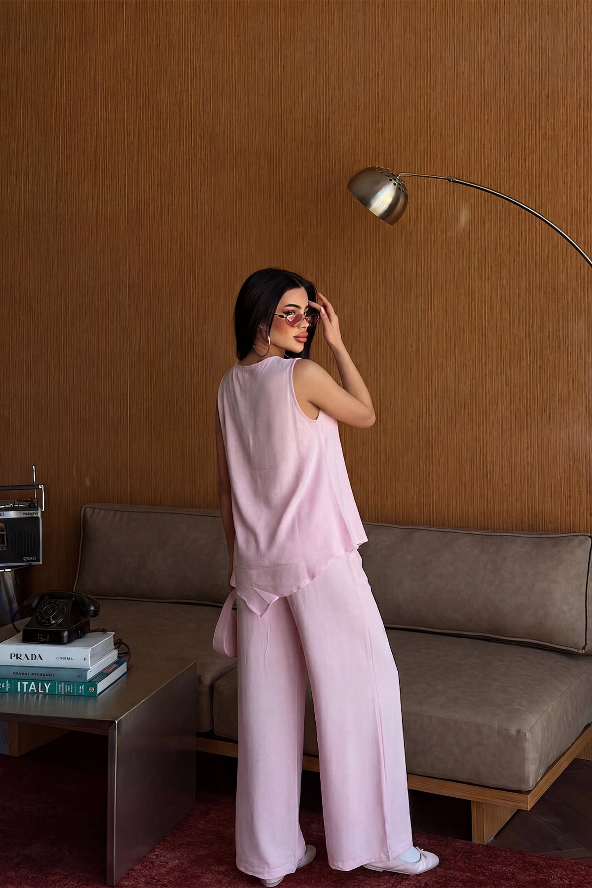 Pembe Asimetrik Bluz Pantolon Takım 12