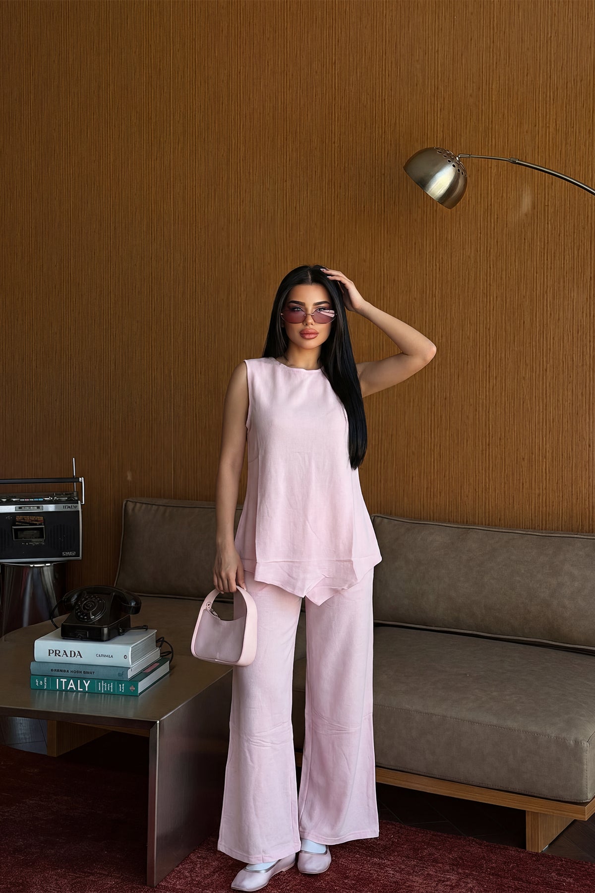 Pembe Asimetrik Bluz Pantolon Takım 4
