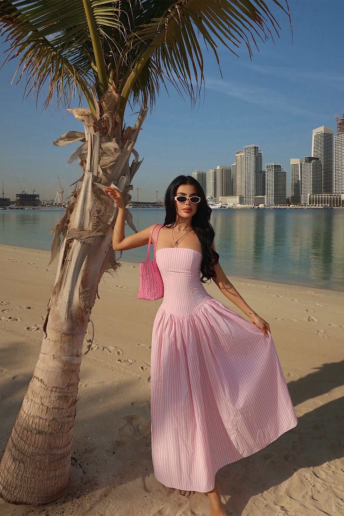 Pink Stripe Detail Strapless Dress