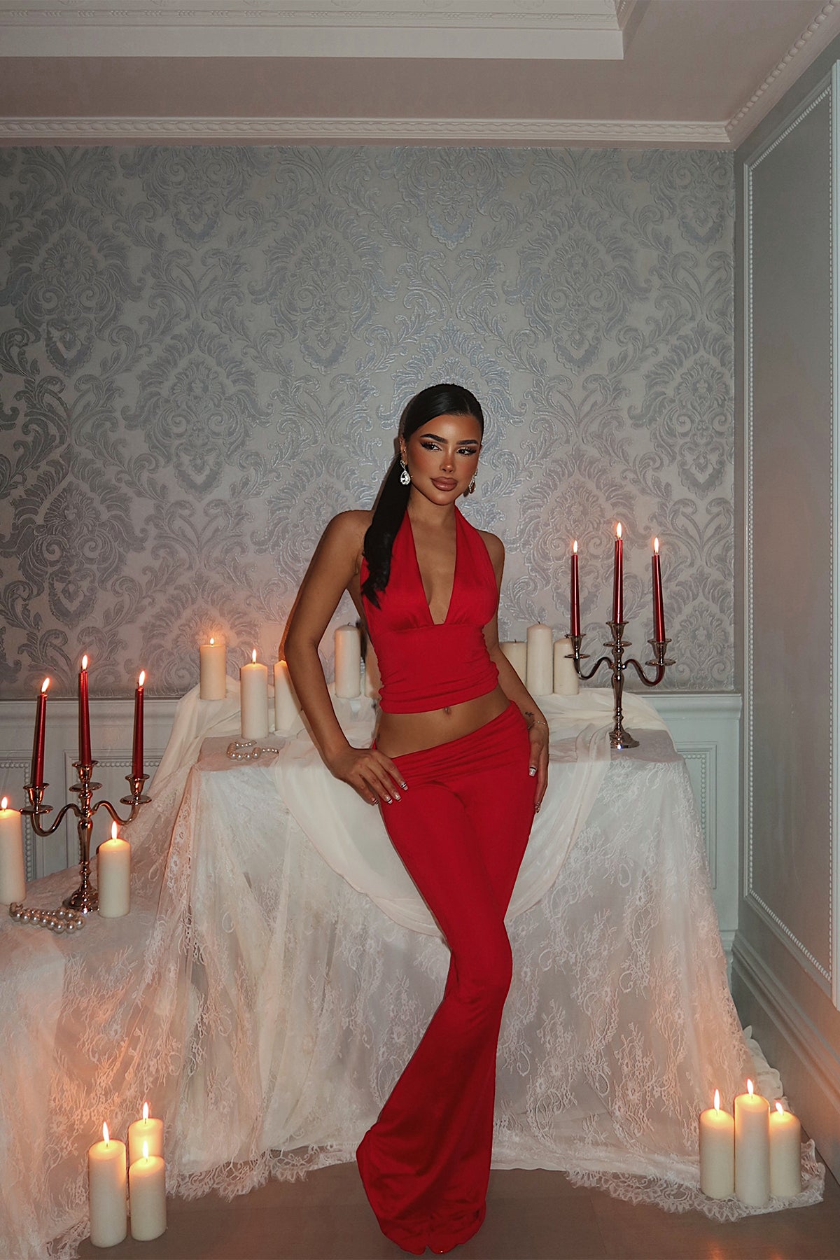 Red V-Neck Leggings Set
