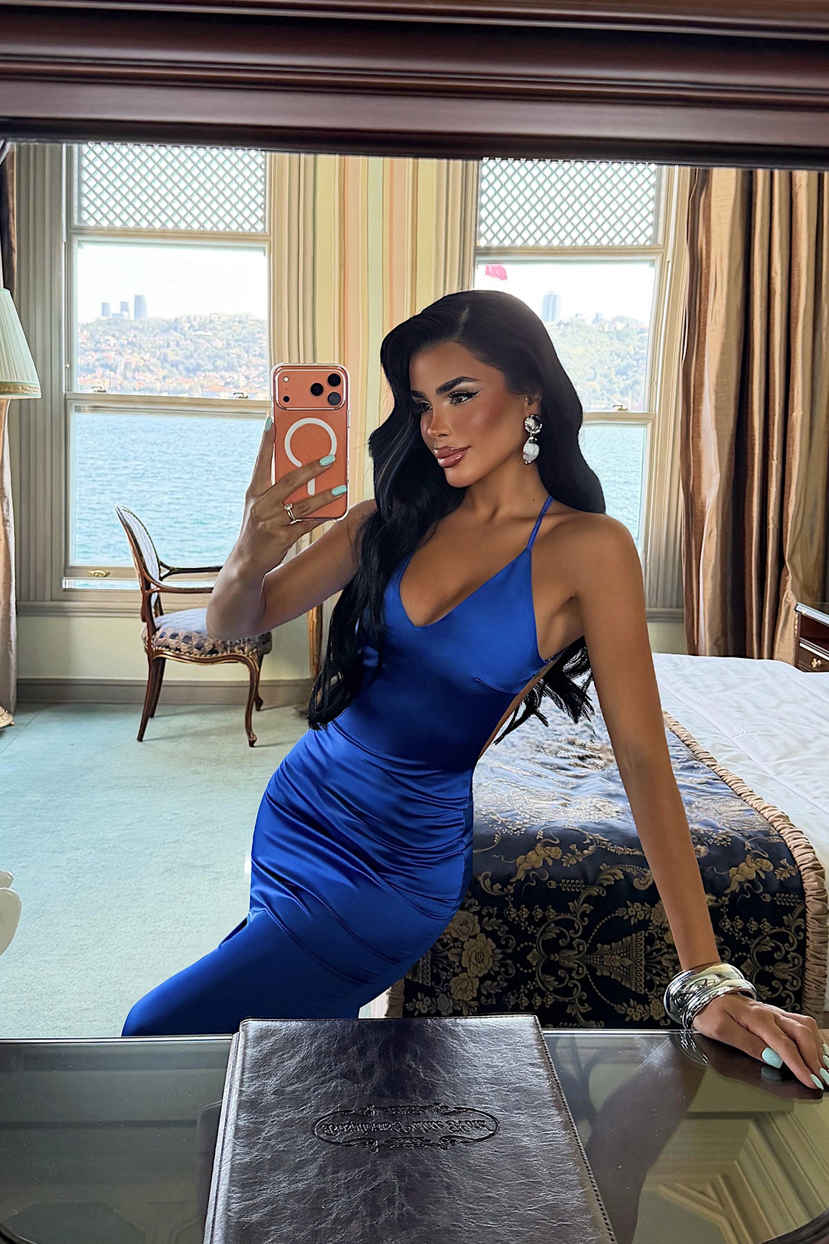 Saks Askılı Uzun Elbise ATE6370 4