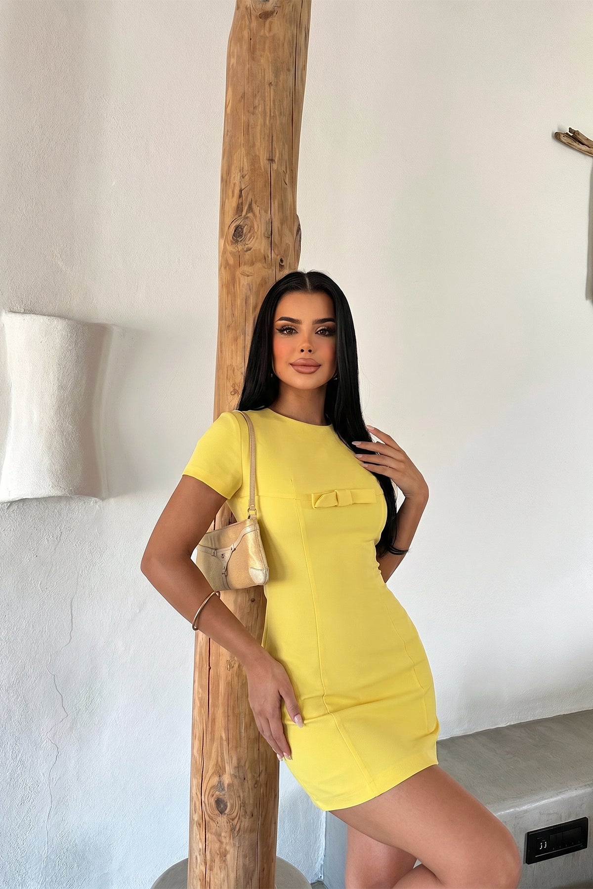 Sarı Ynise Fiyonk Detaylı Mini Elbise 8