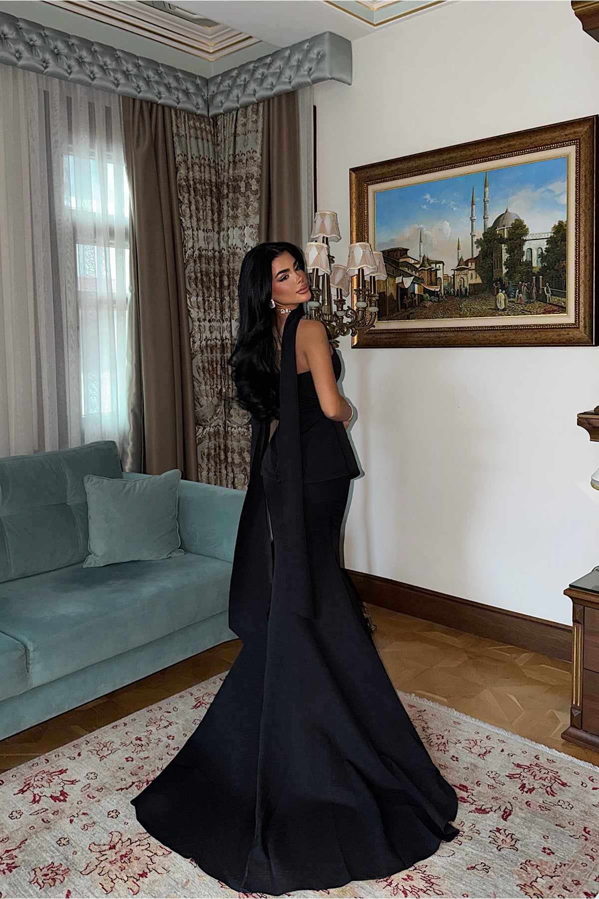 Siyah Benedita Uzun Fularlı Elbise 16