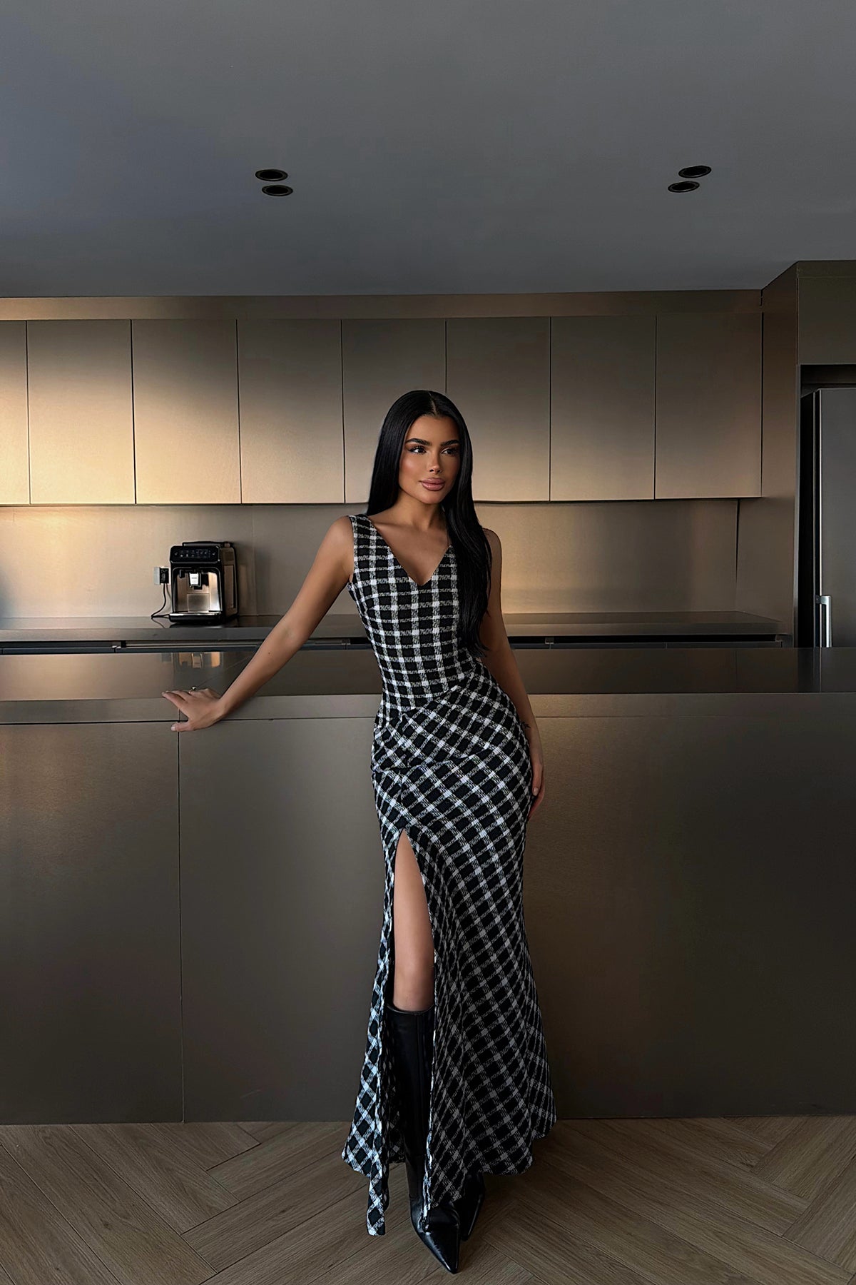 Black Plaid Midi Dress