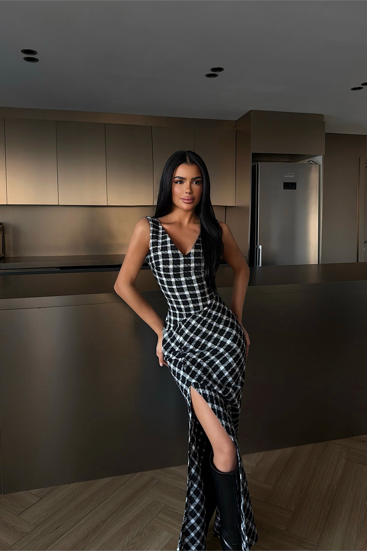 Black Plaid Midi Dress