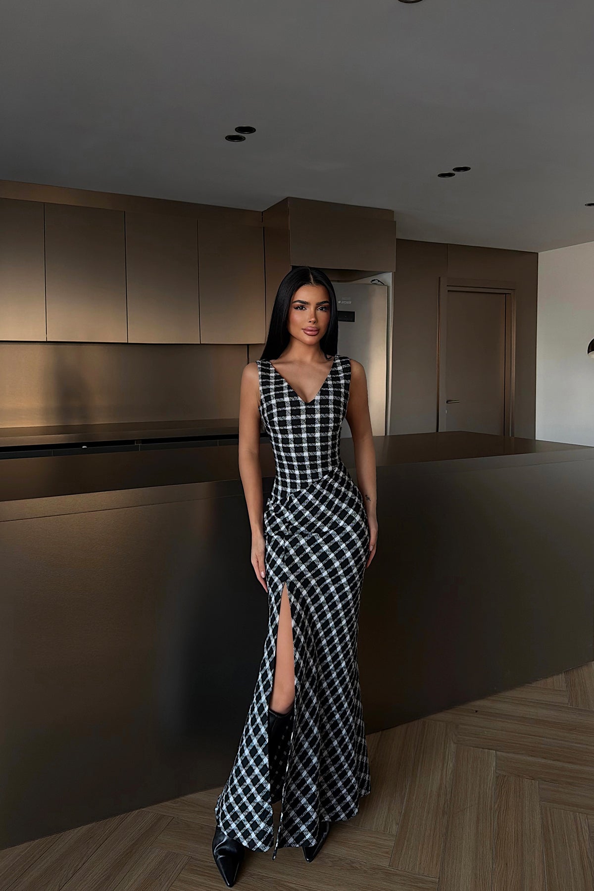 Black Plaid Midi Dress