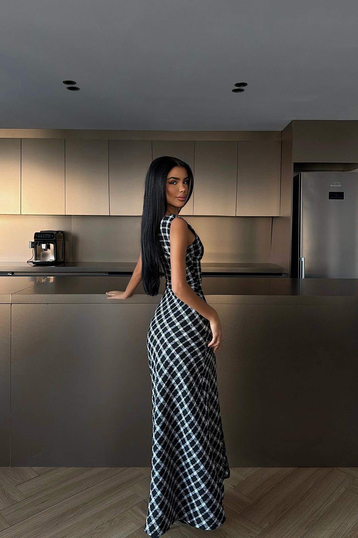 Black Plaid Midi Dress
