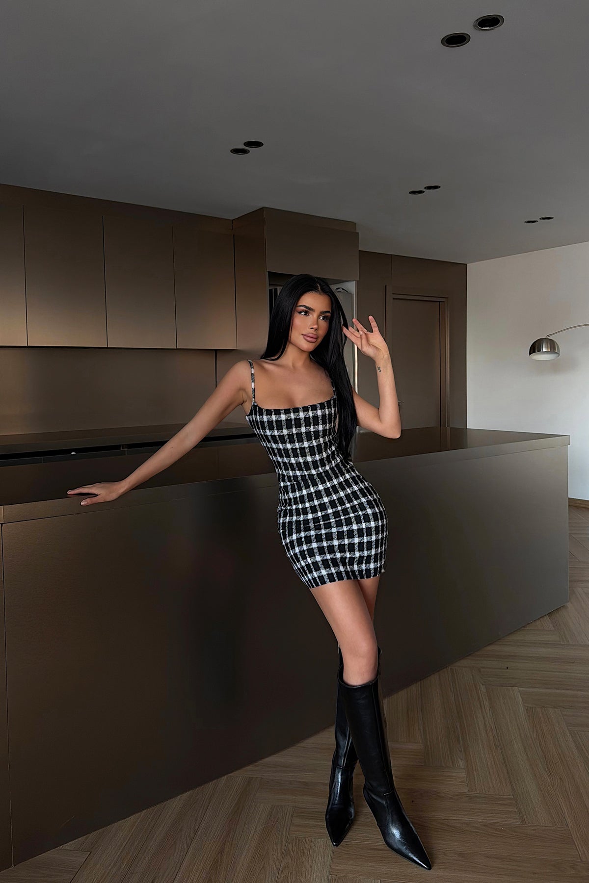 Black Strappy Plaid Mini Dress