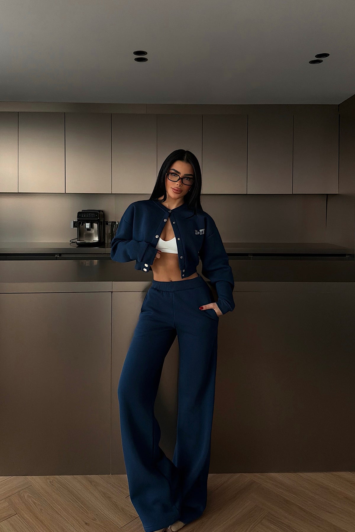 Navy Blue Lo Tee Print Tracksuit Set