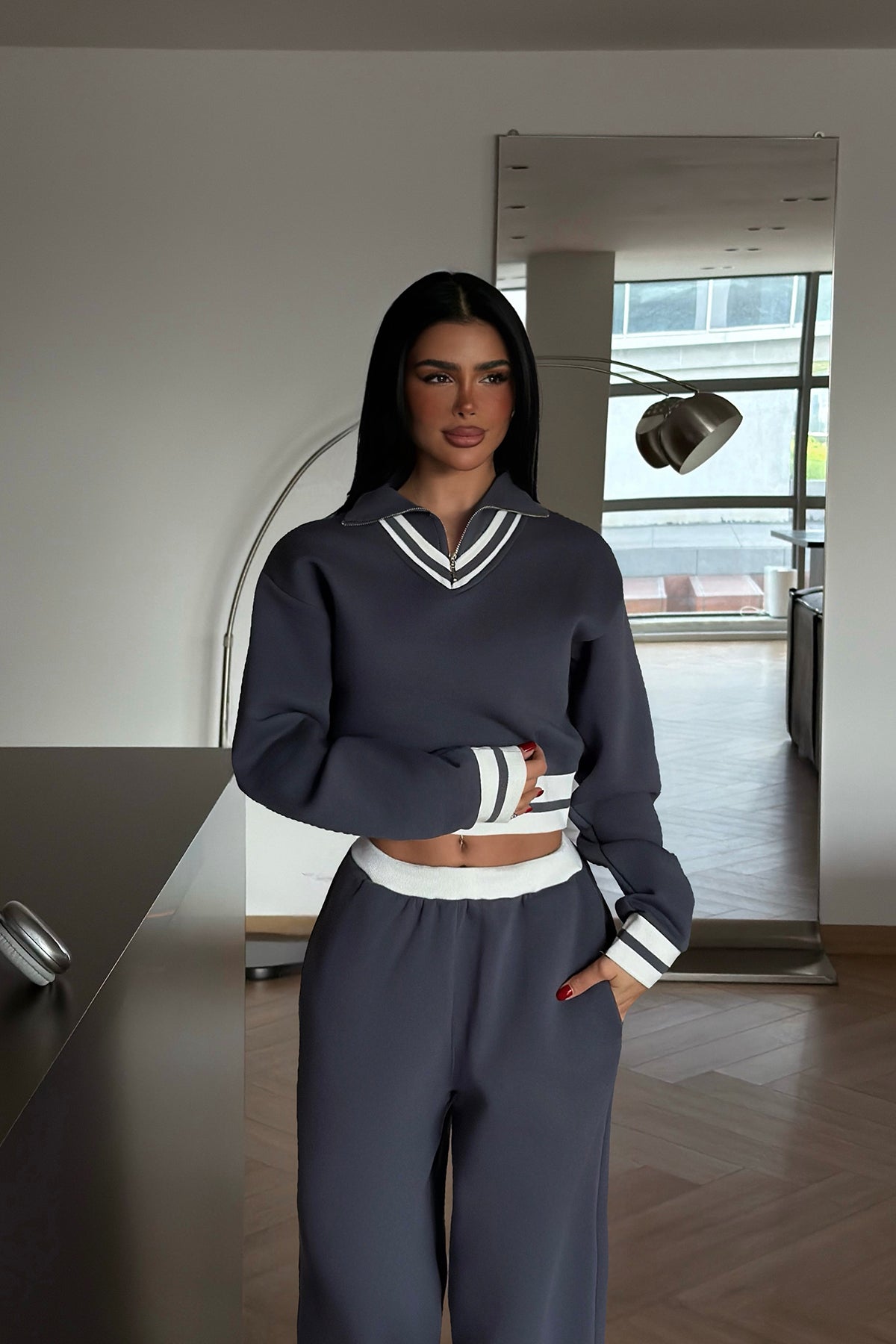 Smoke Grey Turtleneck Tracksuit Set