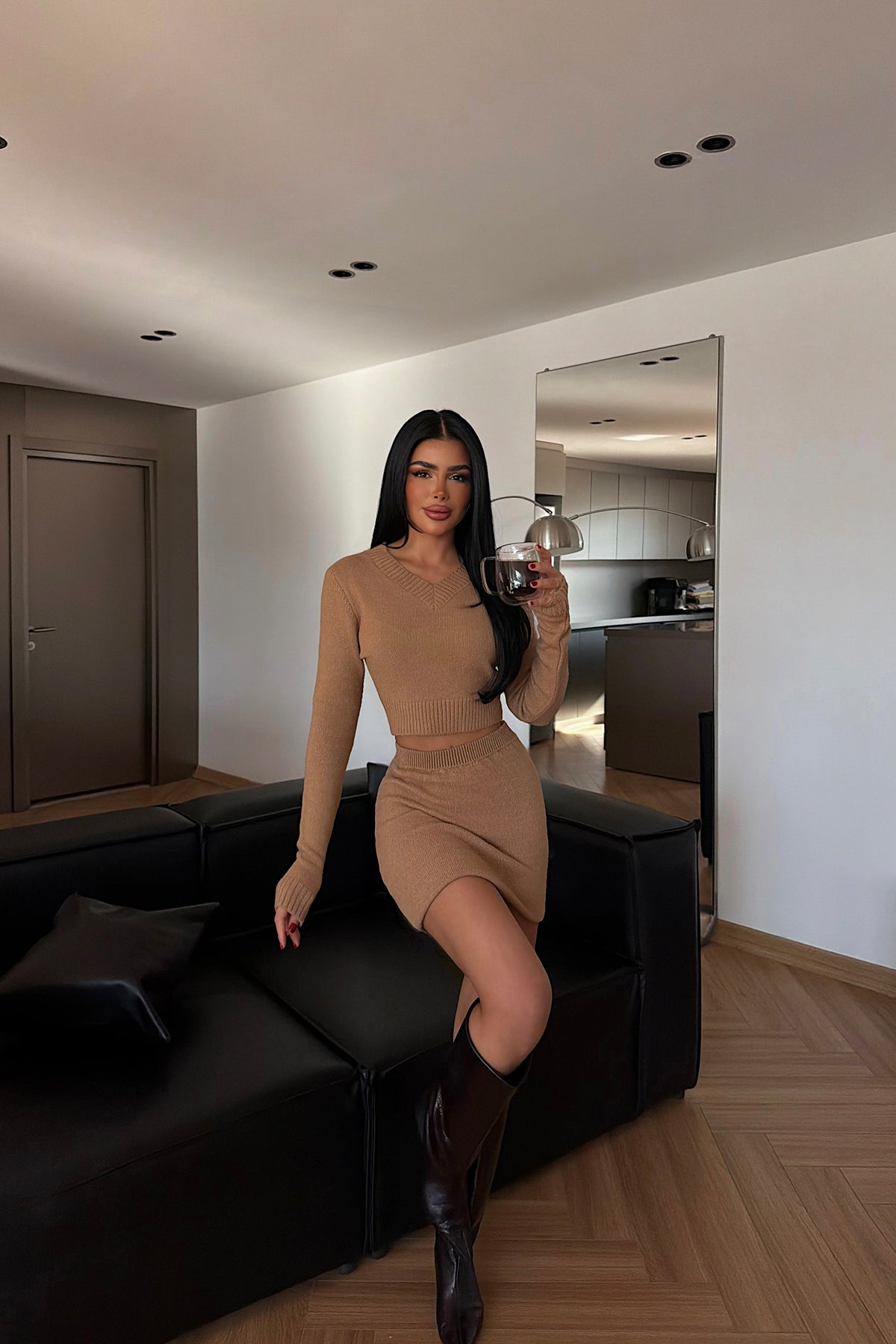 Camel Knit Skirt Set