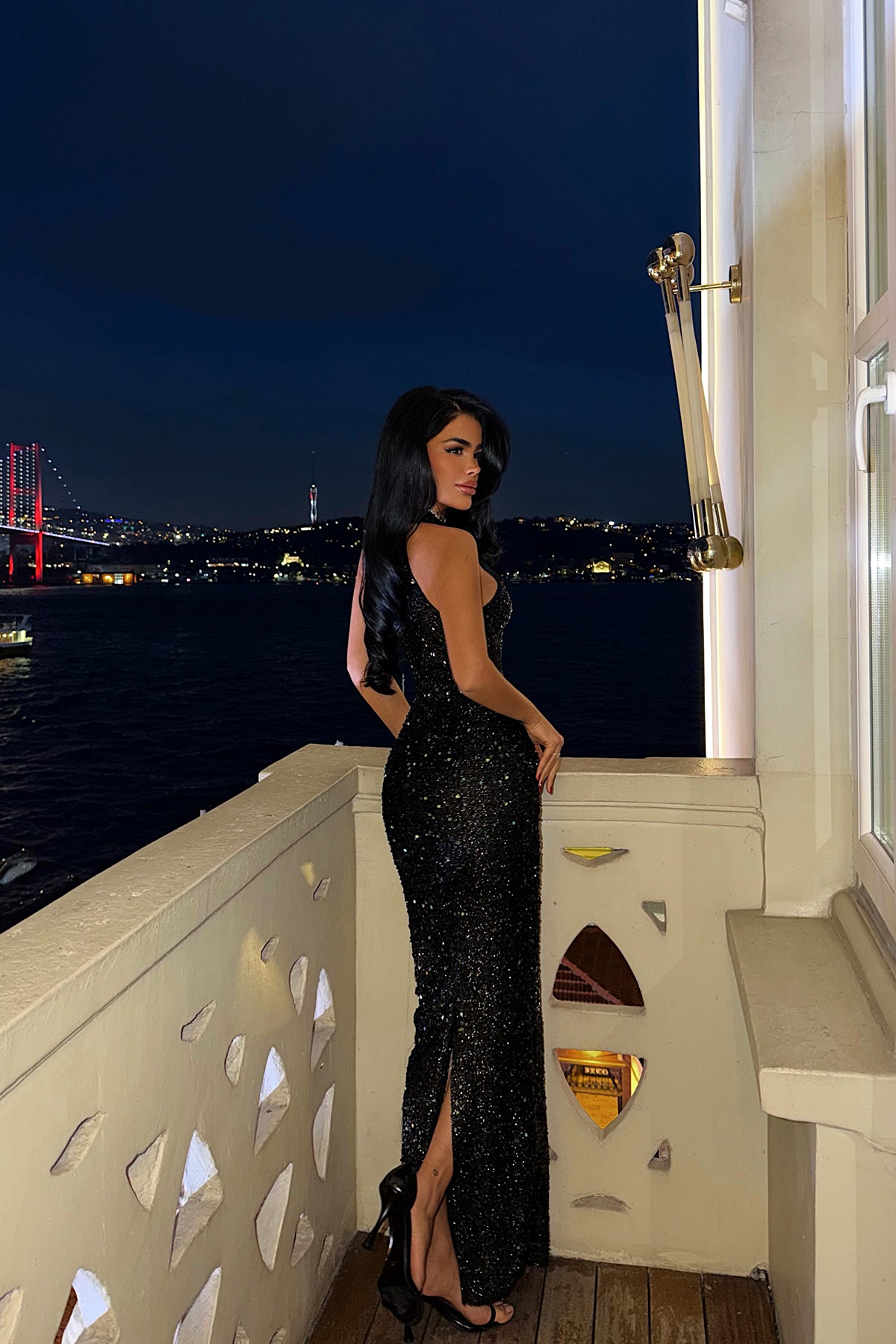 Green Sequin Detail Long Dress