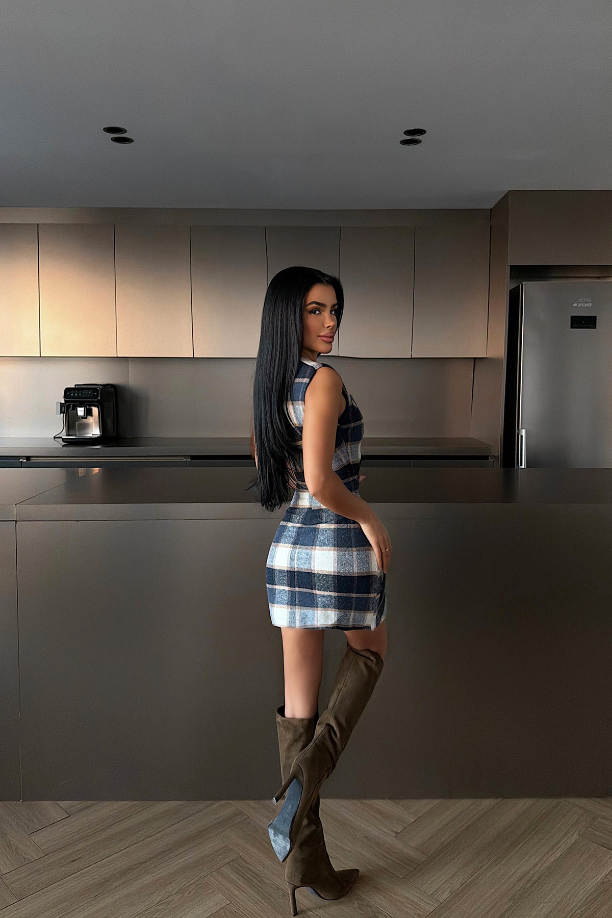 Navy Blue Plaid Sleeveless Dress