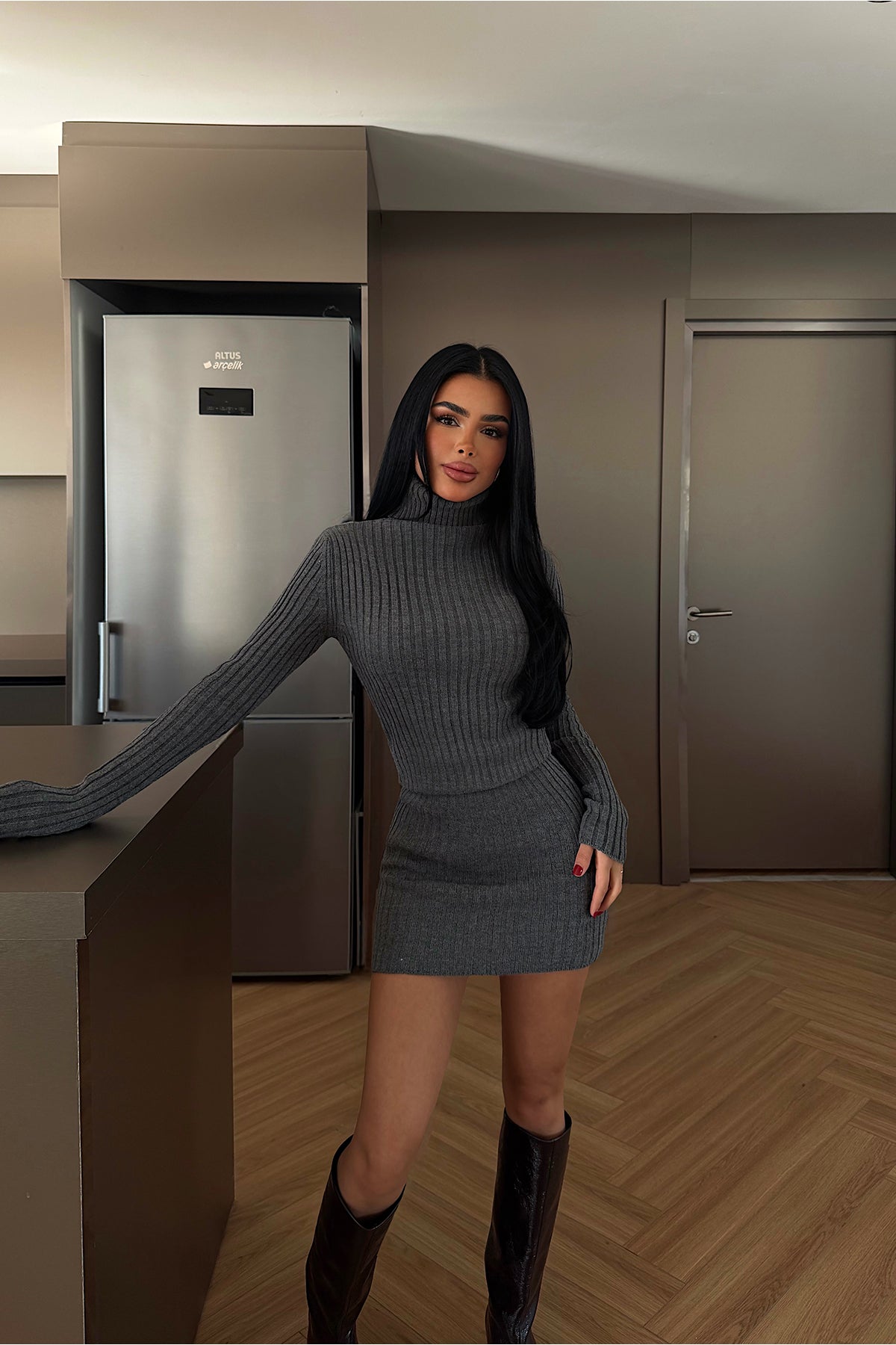 Grey Turtleneck Midi Dress