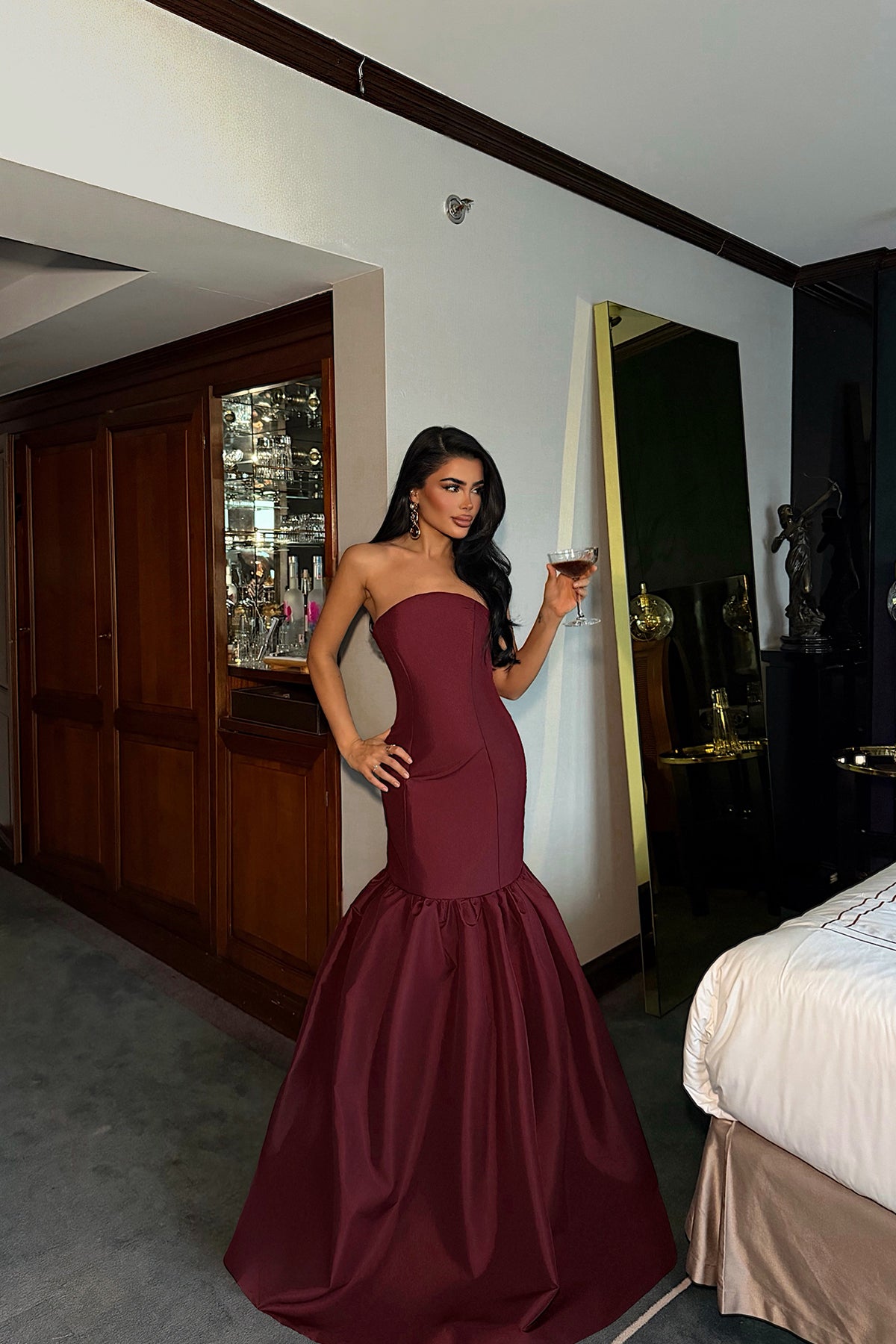 Burgundy Balloon Skirt Evening Dress
