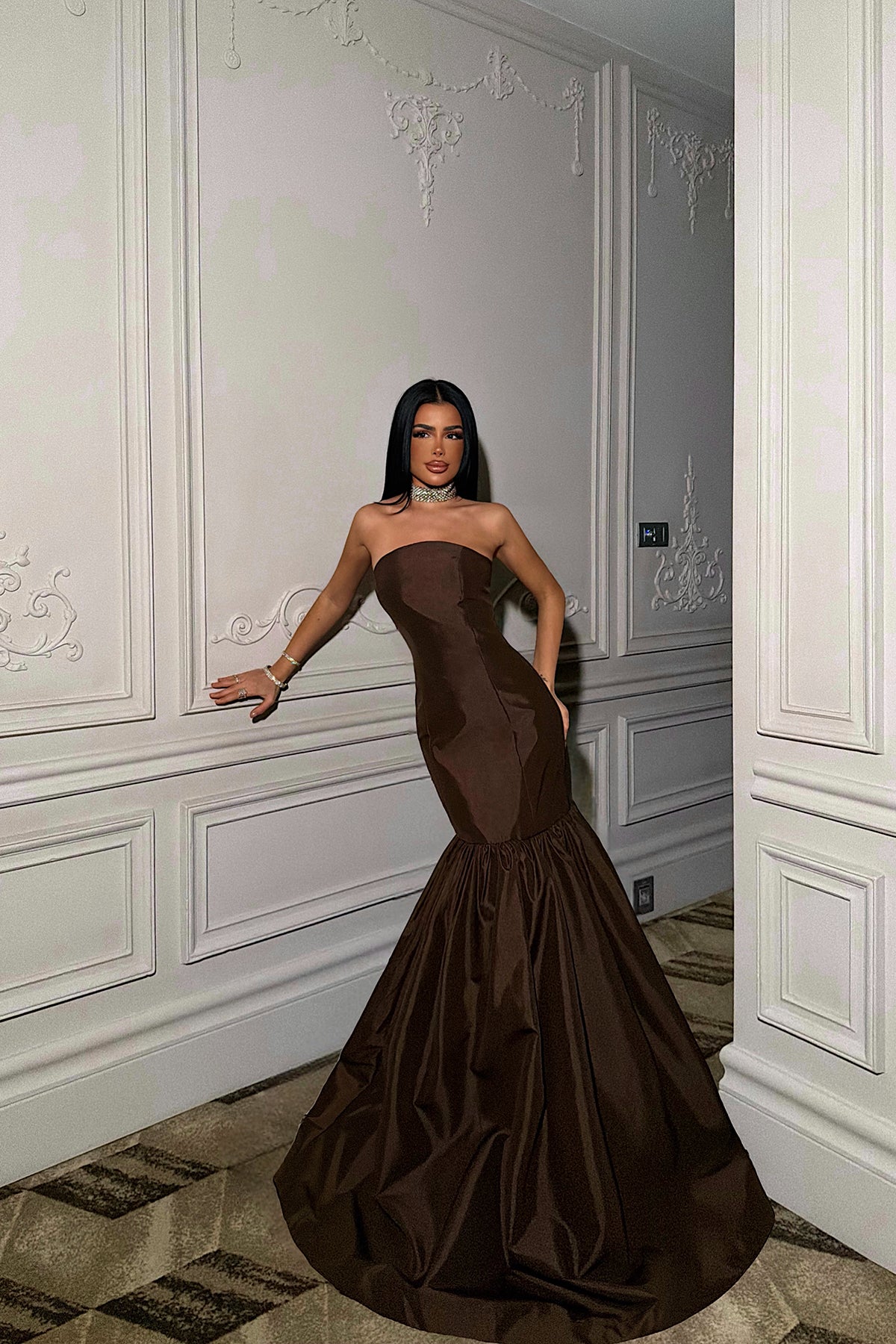 Dark Brown Balloon Skirt Evening Dress