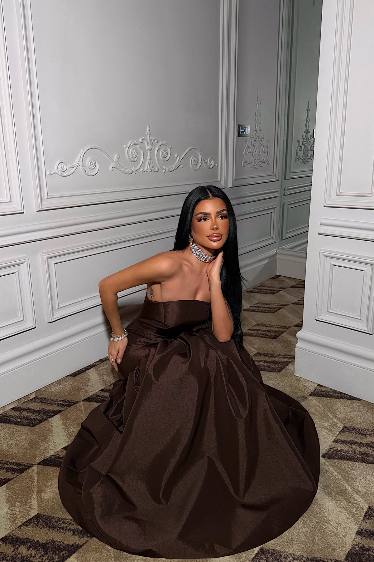 Dark Brown Balloon Skirt Evening Dress