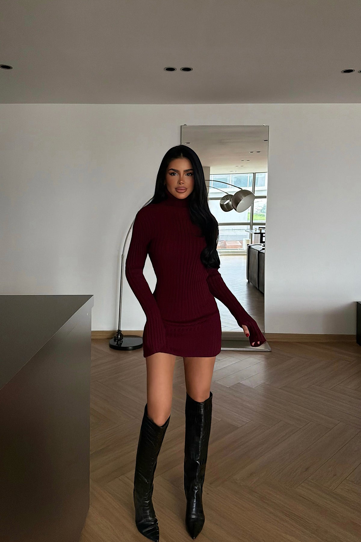 Burgundy Turtleneck Midi Dress